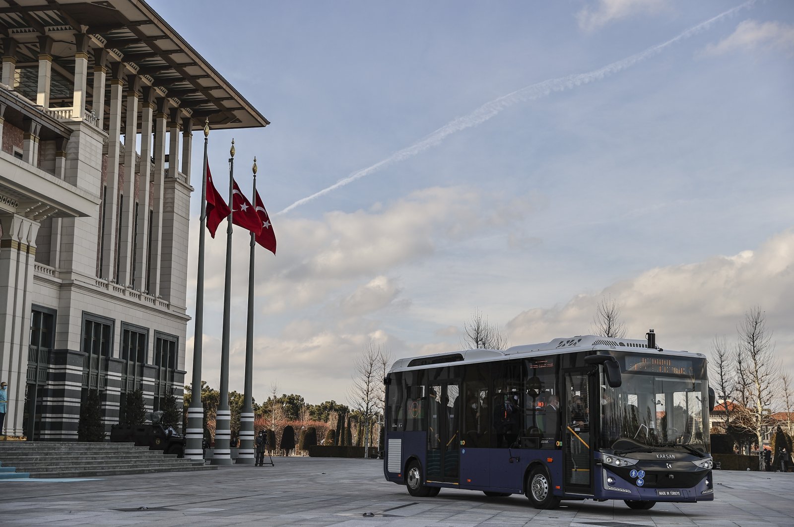 Turkey's first driverless electric bus is tested by President Recep Tayyip Erdoğan in Beştepe Presidential Complex in the capital Ankara, Turkey, Feb. 1, 2021. (AA Photo)