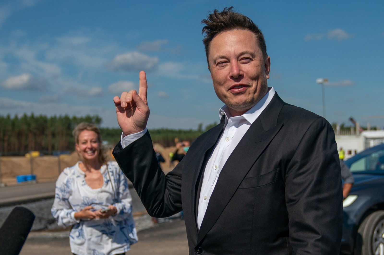Tesla and SpaceX founder Elon Musk (R) gives a statement at the construction site of the Tesla Giga Factory in Gruenheide near Berlin, Germany, Sept. 3, 2020. (EPA Photo)