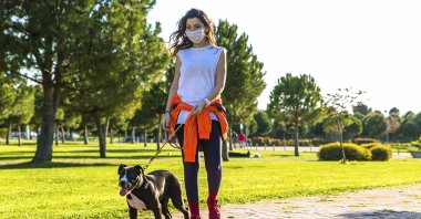 A woman wearing a mask walks her dog in a park, Dec. 26, 2020. (Getty Images)