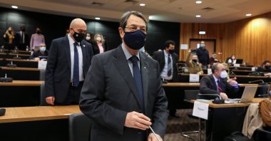Greek Cypriot administration's leader Nicos Anastasiades prepares to testify during a deposition to the investigating committee on the "golden passport" scheme in Nicosia, Greek Cyprus, Feb. 12, 2021. (Reuters Photo)