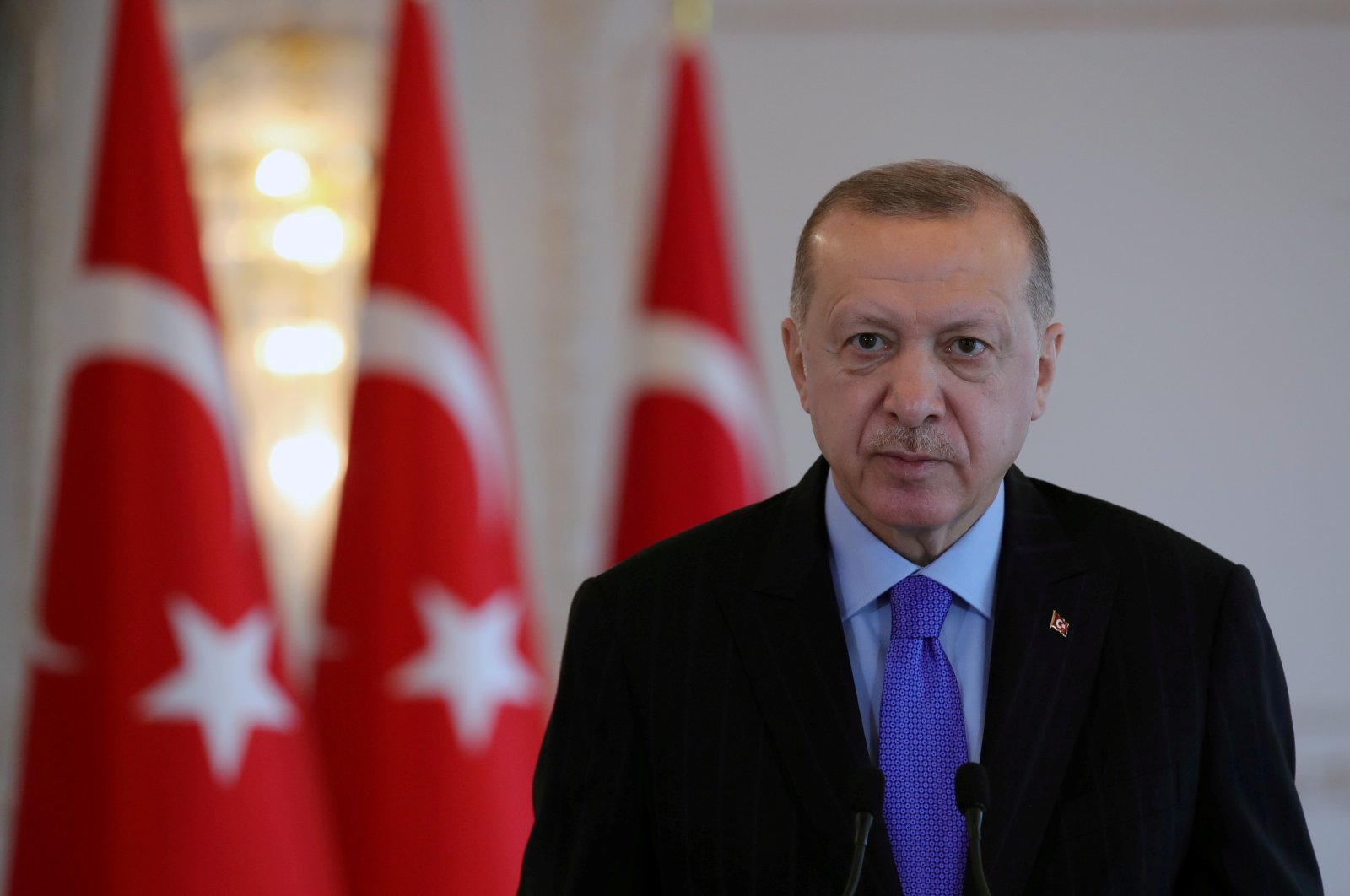 Turkish President Tayyip Erdoğan speaks as he attends a satellite technologies event through live videolink in Istanbul, Turkey Jan. 8, 2021. (Presidential Press Office/Handout via Reuters)