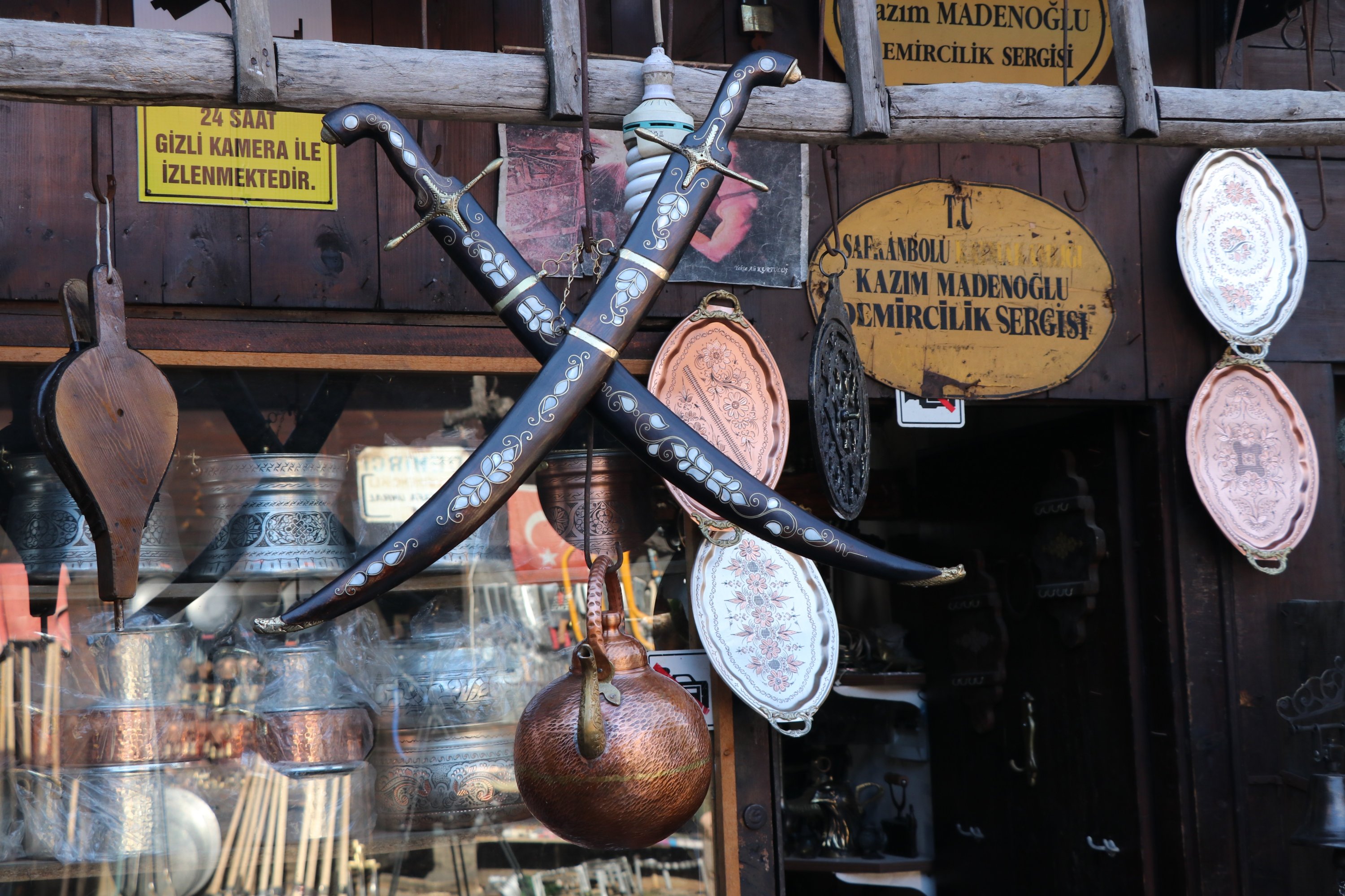 Two swords are displayed at one of the workshops at the Blacksmiths Market in the Safranbolu district of Karabük, northern Turkey, Feb. 3, 2021. (IHA Photo)