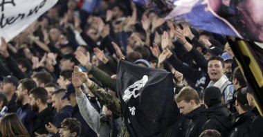 Lazio fans make fascist salutes ahead of a Europa League group E soccer match between Lazio and Celtic, at Olympic Stadium, Rome, Italy, Nov. 7, 2019. (AP Photo)