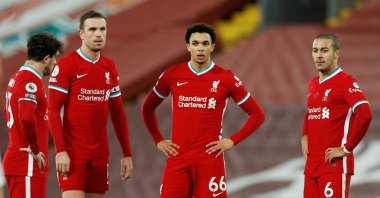  Liverpool players look dejected during a Premier League match against Brighton & Hove Albion at the Anfield stadium, in Liverpool, Britain, Feb. 3, 2021. (Reuters Photo)
