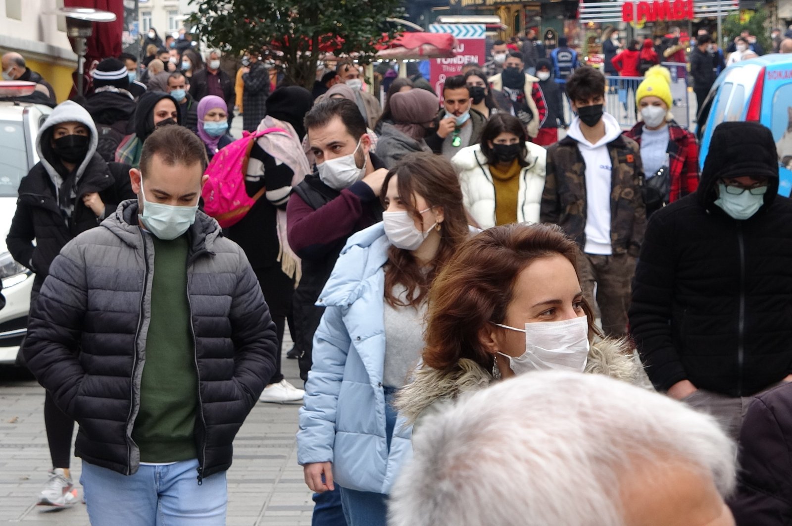 People with face masks walk on Istiklal Street near Taksim Square, in Istanbul, Turkey, Feb. 1, 2021. (IHA Photo)