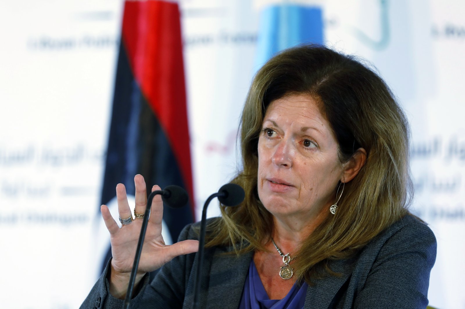 Stephanie Williams, acting special representative of the secretary-general and head of the United Nations Support Mission in Libya, speaks during a news conference in Tunis, Tunisia, Nov. 15, 2020. (AP Photo)