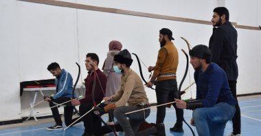 Syrian youths learn archery at a newly opened school in the northern town of Azaz, Syria, Feb. 8, 2021. (AA Photo)
