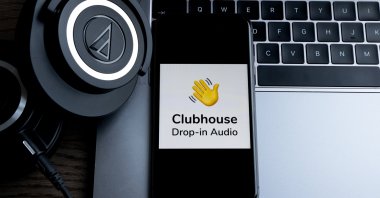 The Clubhouse application's logo is displayed on a smartphone in Amsterdam, Netherlands, Jan. 19, 2021. (Shutterstock Photo)