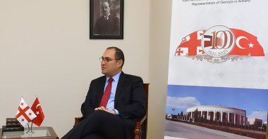 Georgian Ambassador to Ankara Giorgi Janjgava speaks on the 100th anniversary of the opening of the embassy, Ankara, Feb. 8, 2021. (AA Photo)