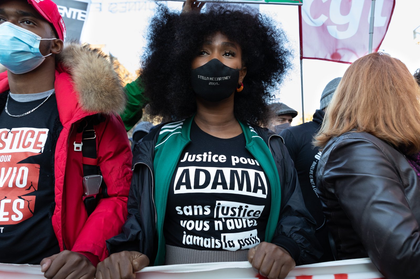 Assa Traore, half-sister of late Adama Traore wearing a T-shirt that reads "Justice for Adama - Without justice, you will never have peace," demonstrates against the global security bill in Paris, France, Nov. 28, 2020. (Reuters Photo)
