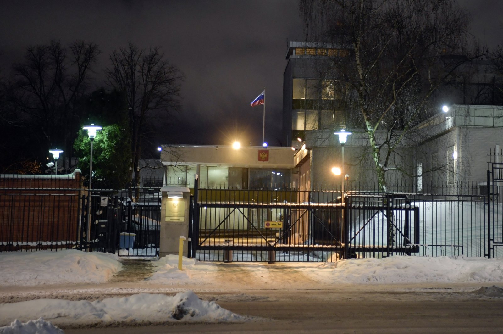 A general view of the Russian embassy in Stockholm, Sweden, Feb. 8, 2021. (Janerik Henriksson/TT News Agency via AP)