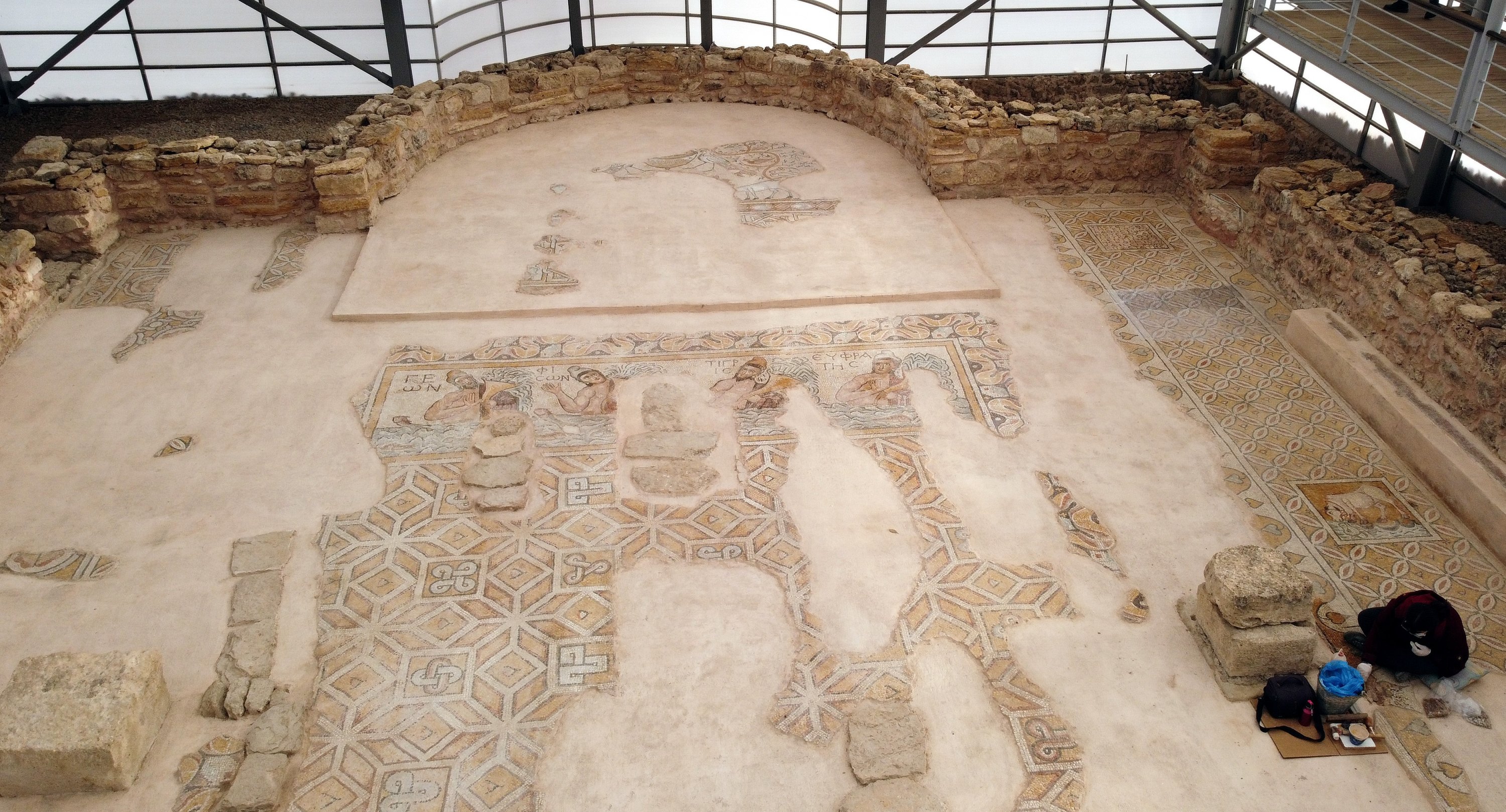 A restorer works on the floor of Church B in the ancient city of Hadrianopolis, Karabük, northern Turkey, Feb. 8, 2020. (AA PHOTO)