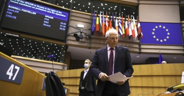 European Union foreign policy chief Josep Borrell arrives for a debate, regarding his recent trip to Russia, during a plenary session at the European Parliament in Brussels, Tuesday, Feb. 9, 2021. (Pool via AP)