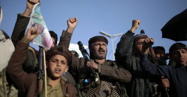 Houthi supporters chant slogans as they attend a demonstration against the United States over its decision to designate the Houthis a foreign terrorist organization in Sanaa, Yemen, Jan. 25, 2021. (AP Photo)