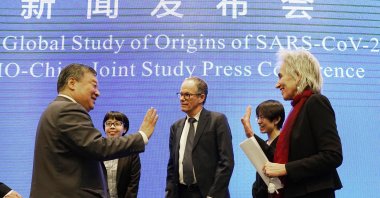 Members of the World Health Organization (WHO) team Marion Koopmans (R) and Peter Ben Embarek say farewell to their Chinese counterpart Liang Wannian (L), after a WHO-China Joint Study Press Conference held at the end of the WHO mission in Wuhan, China, Tuesday, Feb. 9, 2021. (AP Photo)