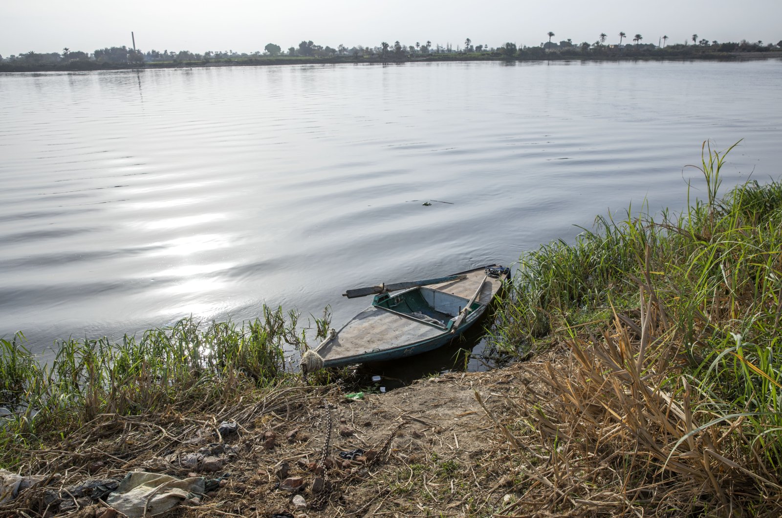 A boat is moored on the Nile river in Atfih town, Giza, Egypt, Jan. 12, 2021. (AP Photo)