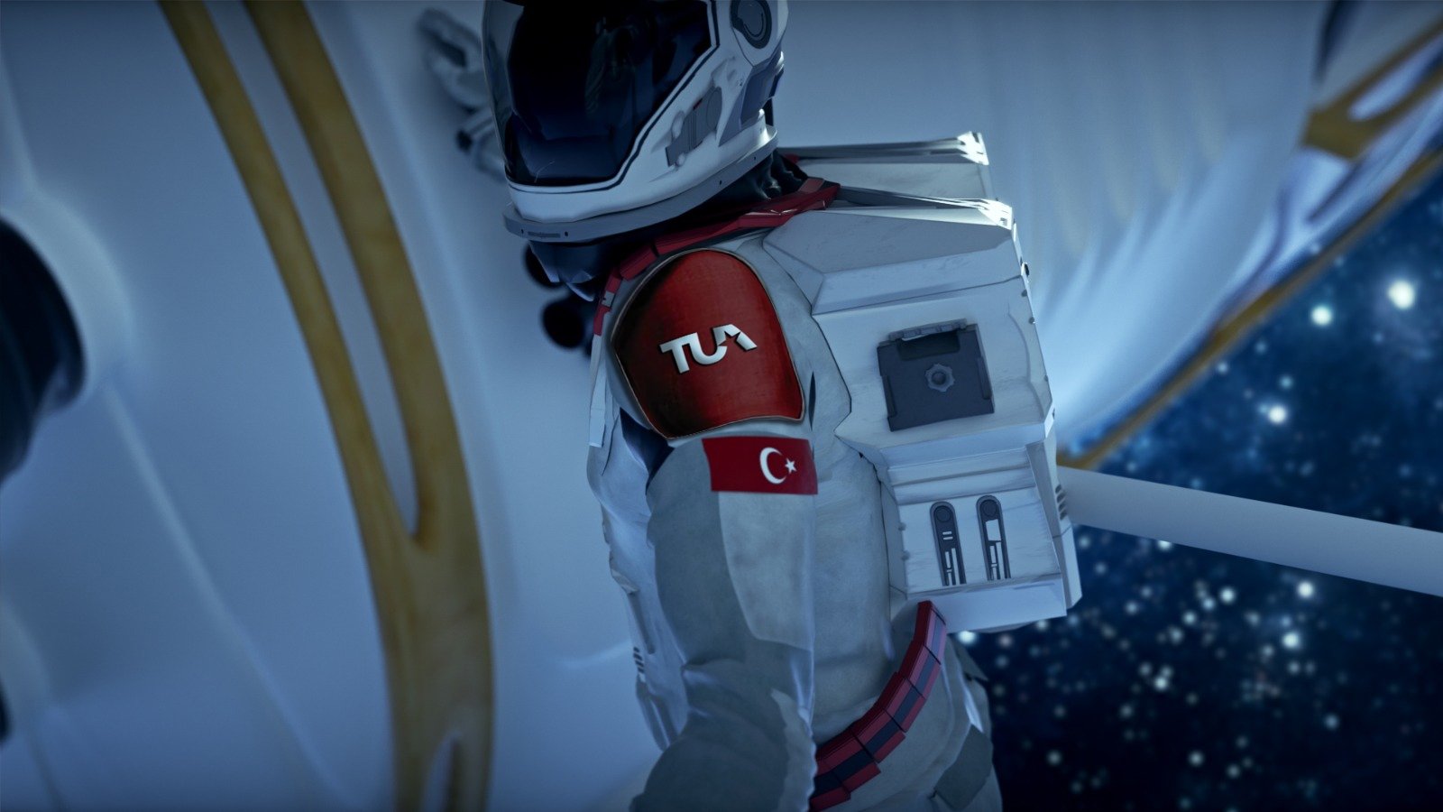 An astronaut with the logo of the Turkish Space Agency (TUA) on his arm is seen in this illustration photo displayed during the ceremony for Turkey's National Space Program, Ankara, Turkey, Feb. 9, 2021. (AA Photo)
