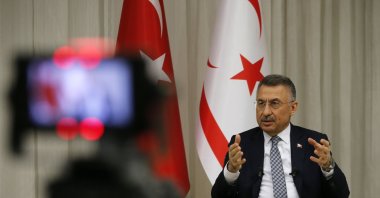 Vice President Fuat Oktay speaks on a live broadcast on the BRT TV channel in the Turkish Republic of Northern Cyprus (TRNC), Feb. 10, 2021. (AA Photo)
