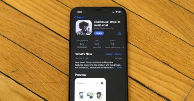 Apple’s App Store page for the social media app Clubhouse is displayed on a smartphone screen in Beijing, China, Feb. 9, 2021. (AP Photo)