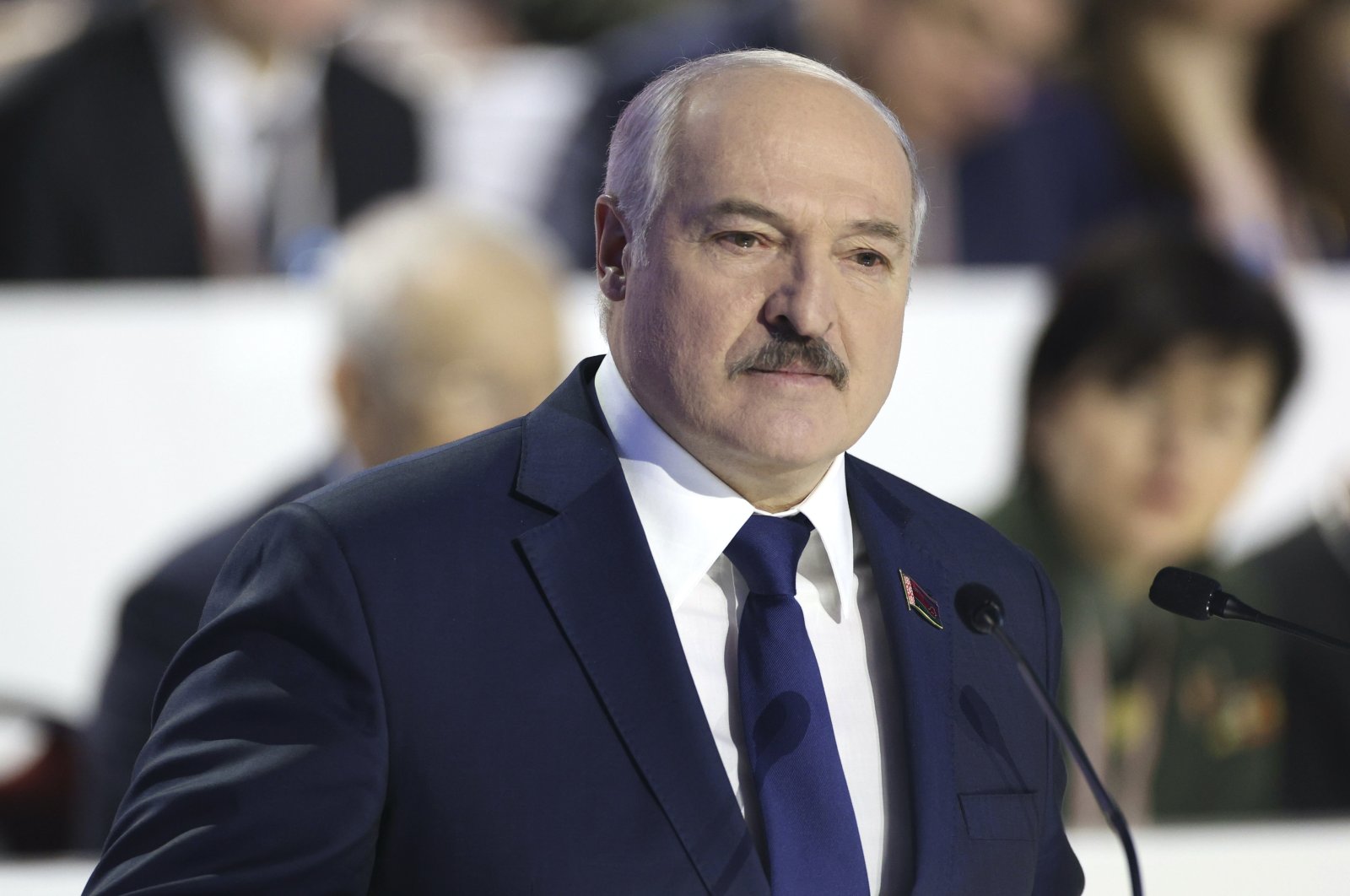 Belarusian President Alexander Lukashenko delivers his speech to delegates of the All-Belarus People's Assembly in Minsk, Belarus, Feb. 11, 2021. (AP Photo)