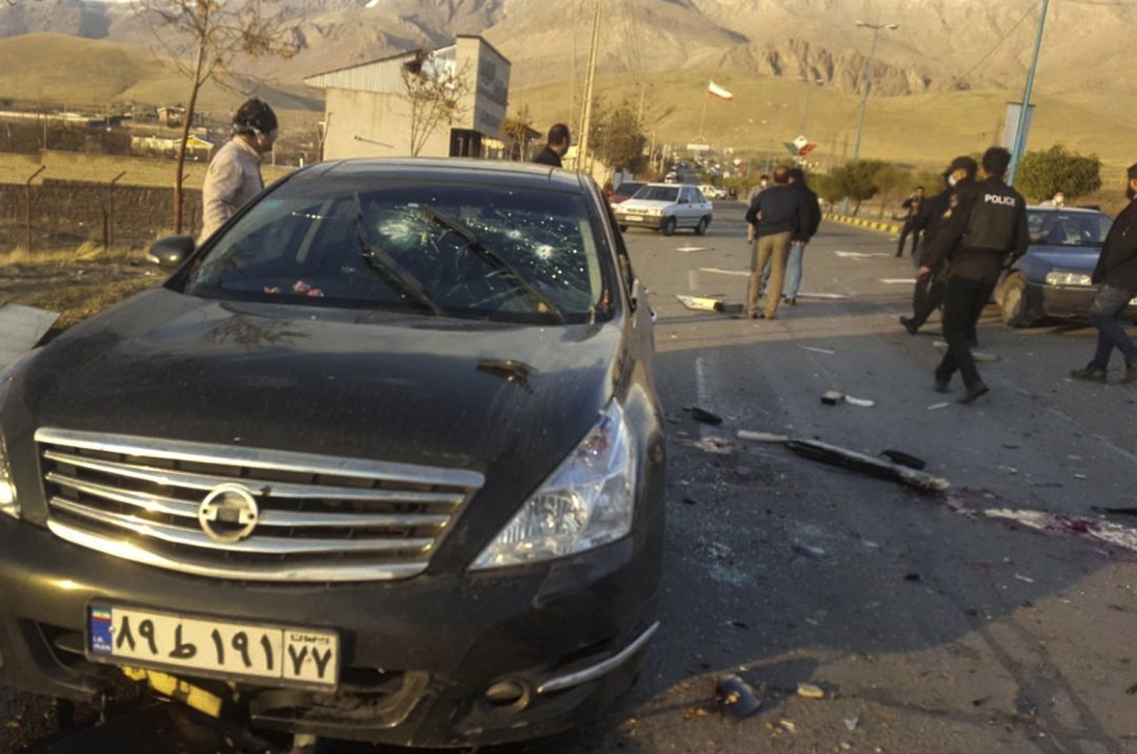 This photo released by the semi-official Fars News Agency shows the scene where Mohsen Fakhrizadeh was killed in Absard, a small city just east of the capital, Tehran, Iran, Friday, Nov. 27, 2020. (AP Photo)