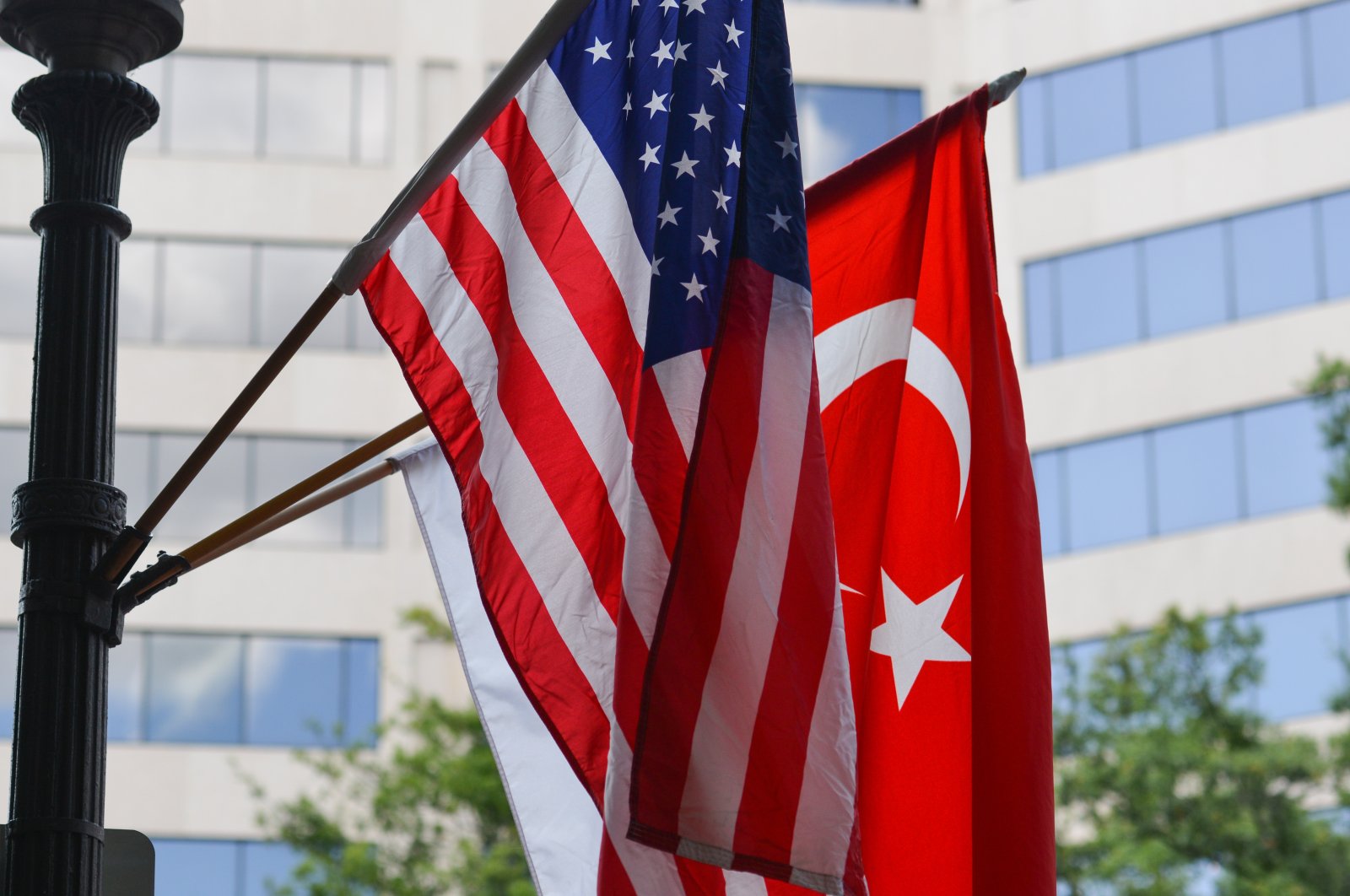 Turkish and American national flags on a flagpole. (Shutterstock Photo)