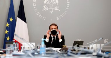 French President Emmanuel Macron delivers initial remarks during a videoconference meeting at Elysee Palace, Paris, France, Feb. 12, 2021. (Reuters Photo)