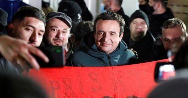 Vetevendosje! party leader Albin Kurti poses for a photo with supporters after preliminary results of the parliamentary election in Pristina, Kosovo, Feb. 15, 2021. (Reuters Photo)