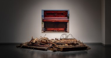 Carles Santos, "Destroyed Piano with Photograph," 2008, destroyed piano, color photography. (Courtesy of Arter) 