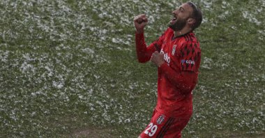 Beşiktaş forward Cenk Tosun celebrates scoring against Gençlerbirliği at Ankara's Eryaman Stadium, Ankara, Turkey, Feb. 15, 2021.