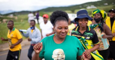 Supporters of South Africa's former President Jacob Zuma parade in front of his house, in Nkandla, South Africa, Feb. 15, 2021. (Reuters Photo)