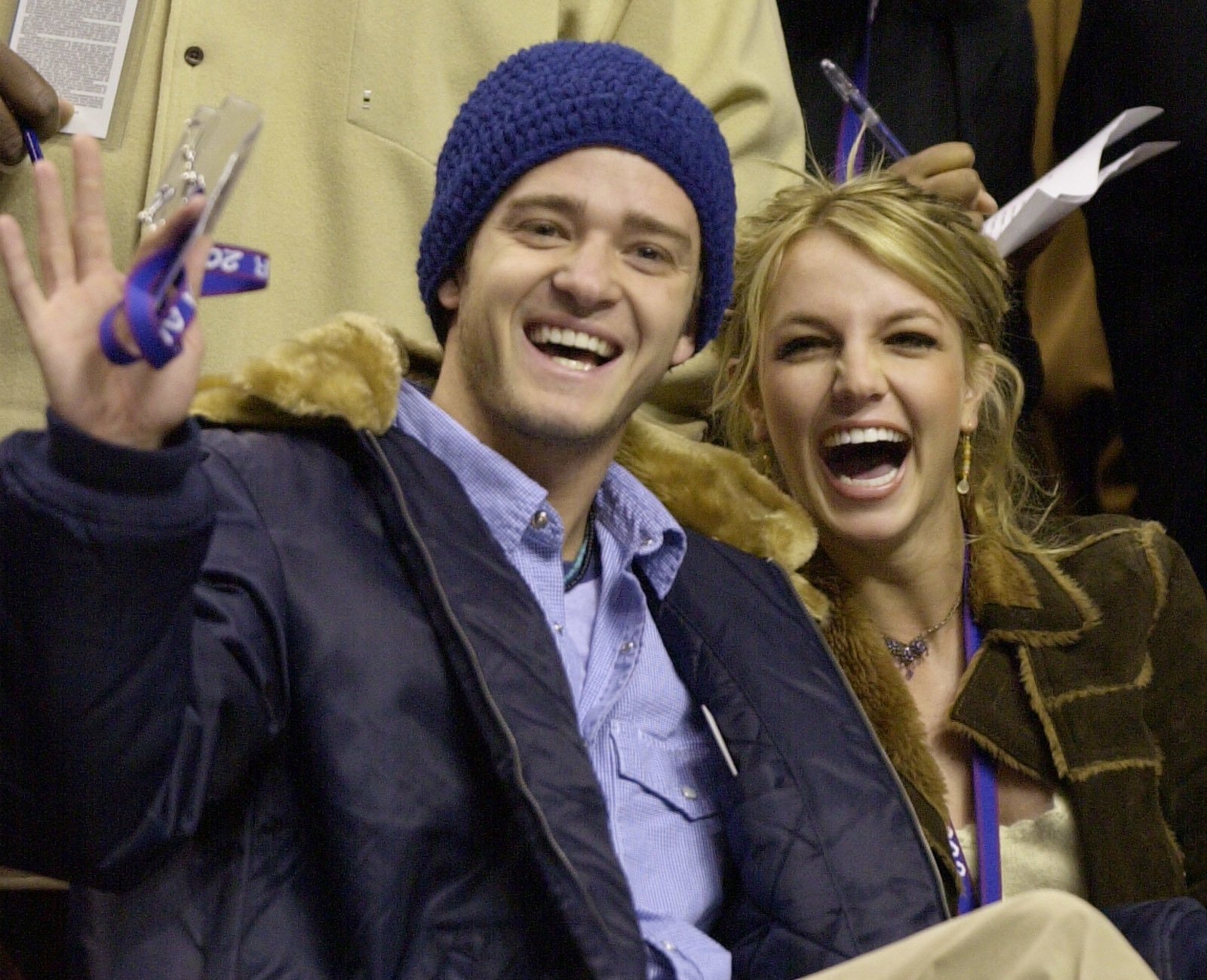 In this file photo, Justin Timberlake and Britney Spears wave to the crowd prior to the start of the 2002 NBA All-Star game in Philadelphia, Pennsylvania, U.S., Feb. 10, 2002. (AP Photo)