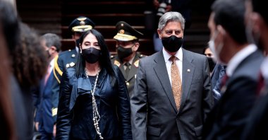 Peru's Foreign Minister Elizabeth Astete and Peru's interim President Francisco Sagasti attend an event, in Lima, Peru on Dec. 16, 2020. (Peru Presidency/via Reuters)
