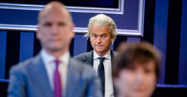 Lilianne Ploumen (Pvda), Gert-Jan Segers (ChristenUnie) and Geert Wilders (PVV) during the first party leader debate for the House of Representatives elections, the Hague, the Netherlands, Feb. 8, 2021. (EPA Photo)