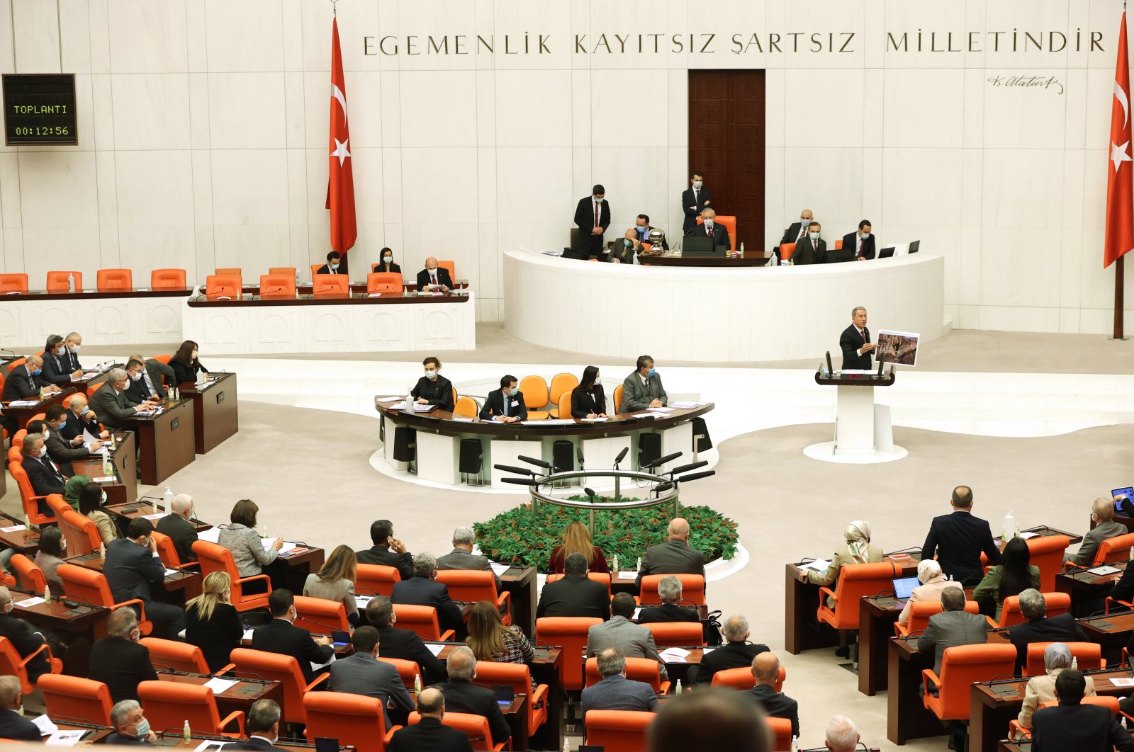 Defense Minister Hulusi Akar speaks at a parliamentary session on Turkey's operation in northern Iraq, Ankara, Turkey, Feb. 16, 2021. (AA Photo)