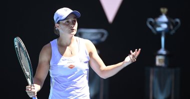 Australia's Ashleigh Barty reacts after dropping a game against the Czech Republic's Karolina Muchova in the Australian Open quarterfinals, in Melbourne, Australia, Feb. 17, 2021. (EPA Photo)