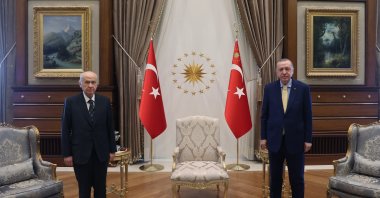Nationalist Movement Party (MHP) leader Devlet Bahçeli (L) and President Recep Tayyip Erdoğan pose before a meeting in the Presidential Complex, the capital Ankara, Turkey, Feb. 5, 2021. (AA Photo)