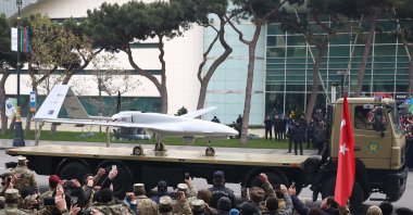 A Bayraktar TB2 unmanned combat reconnaissance aerial vehicle manufactured by Turkey's Baykar Makina takes part in a military parade marking the end of the Nagorno Karabakh military conflict, Baku, Azerbaijan, Dec. 10, 2020. (Reuters Photo)