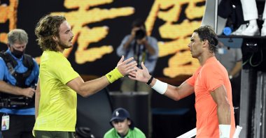 Greece's Stefanos Tsitsipas (L) shakes hands with Spain's Rafael Nadal after winning his Australian Open quarterfinal match, Melbourne, Australia, Feb. 17, 2021. (Reuters Photo)