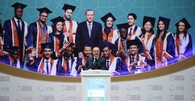 Foreign Minister Mevlüt Çavuşoğlu addresses international students who benefited from the Türkiye Scholarships program during a conference in the capital Ankara, Turkey, May 16, 2019. (AA Photo)