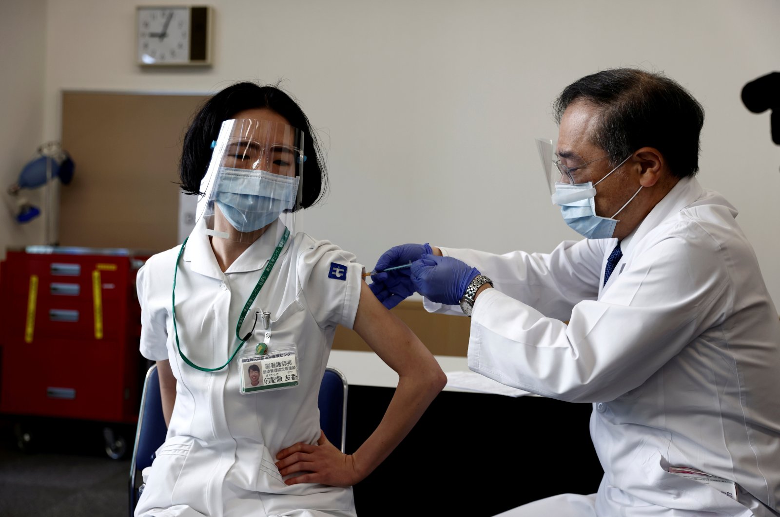 A medical worker receives a dose of the coronavirus vaccine as the country launches its inoculation campaign, in Tokyo, Japan, Feb. 17, 2021. (Reuters Photo)