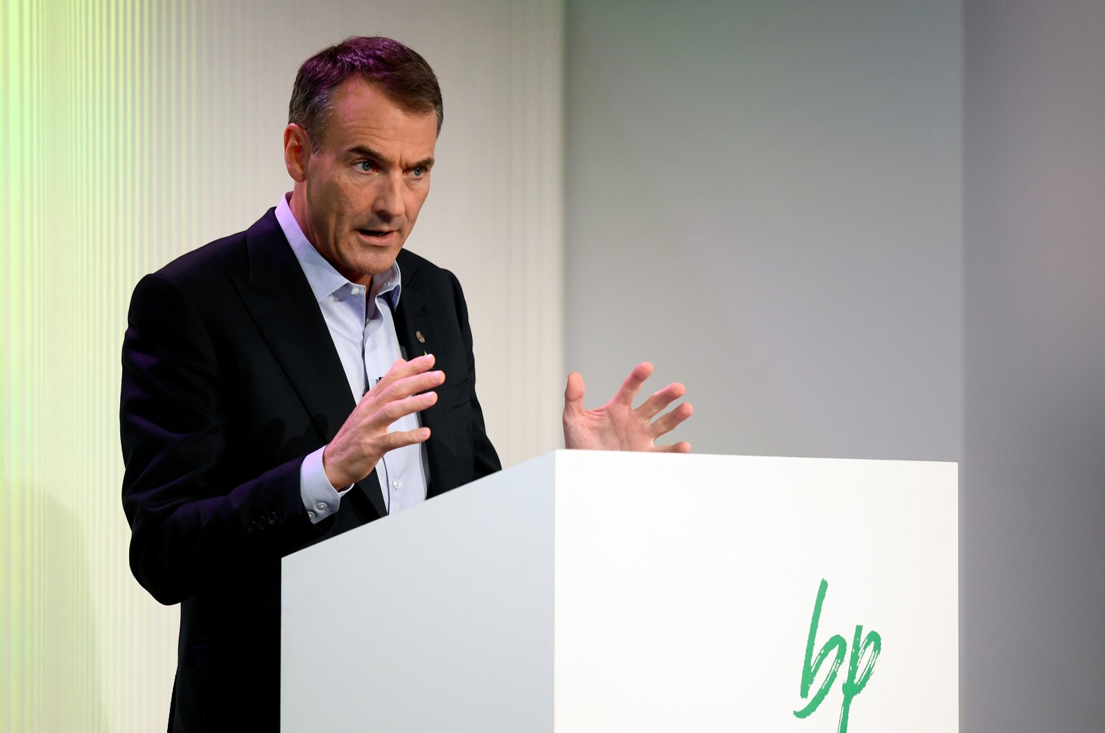 BP's Chief Executive Bernard Looney gives a speech in central London, Britain, Feb. 12, 2020. (Reuters)