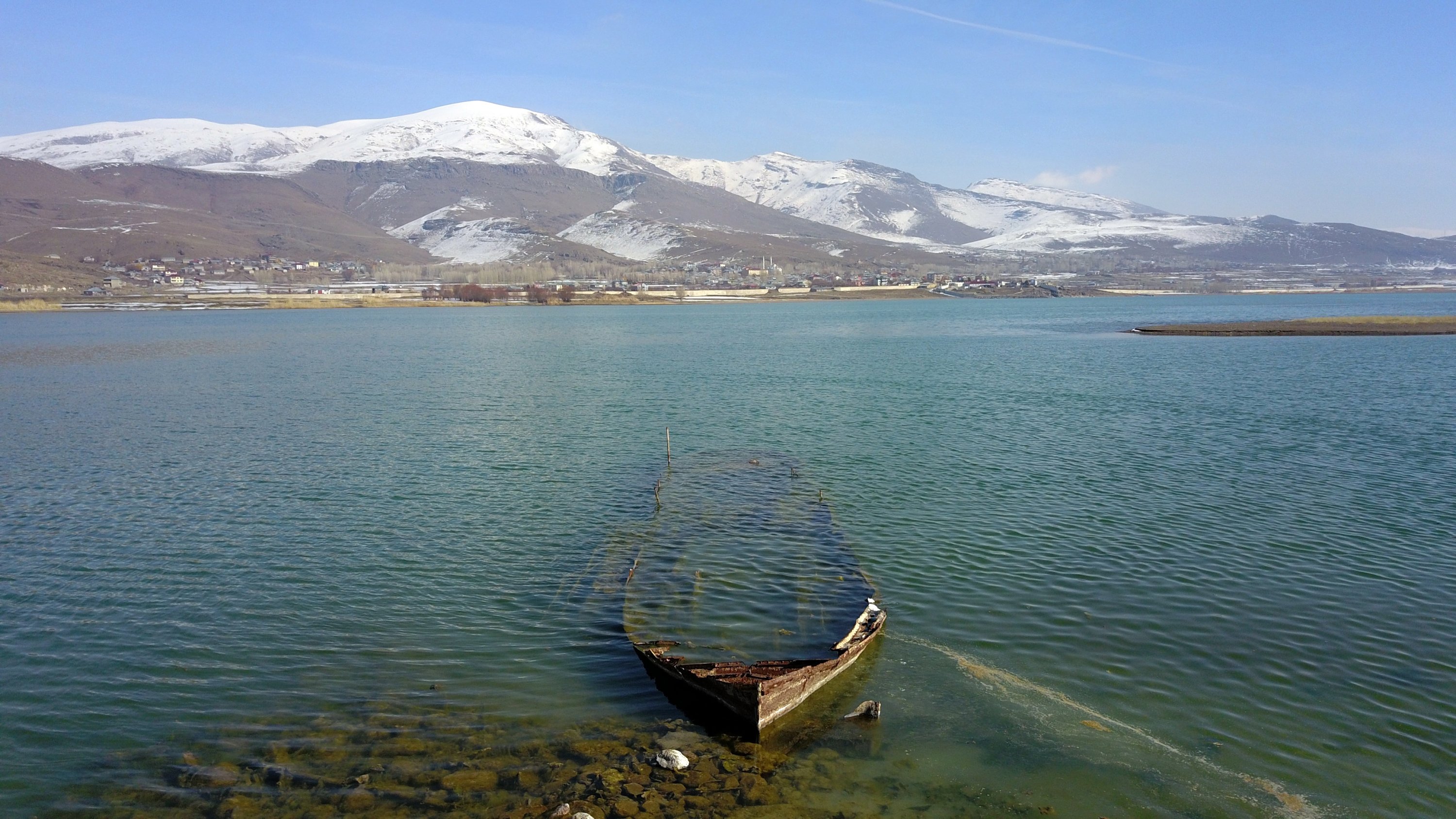 The recently revealed sunken ship in Lake Van, in Van province, eastern Turkey, Feb. 17, 2021. (AA Photo)