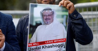 A demonstrator holds a picture of Saudi journalist Jamal Khashoggi during a protest in front of Saudi Arabia's Consulate in Istanbul, Turkey, Oct. 5, 2018. (REUTERS Photo)