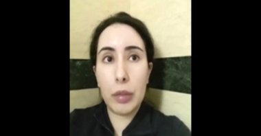 Sheikha Latifa bin Mohammed Al Maktoum speaks into a mobile phone camera in this undated image taken from a video recorded at an unknown location, Feb. 17, 2021. (AP Photo)