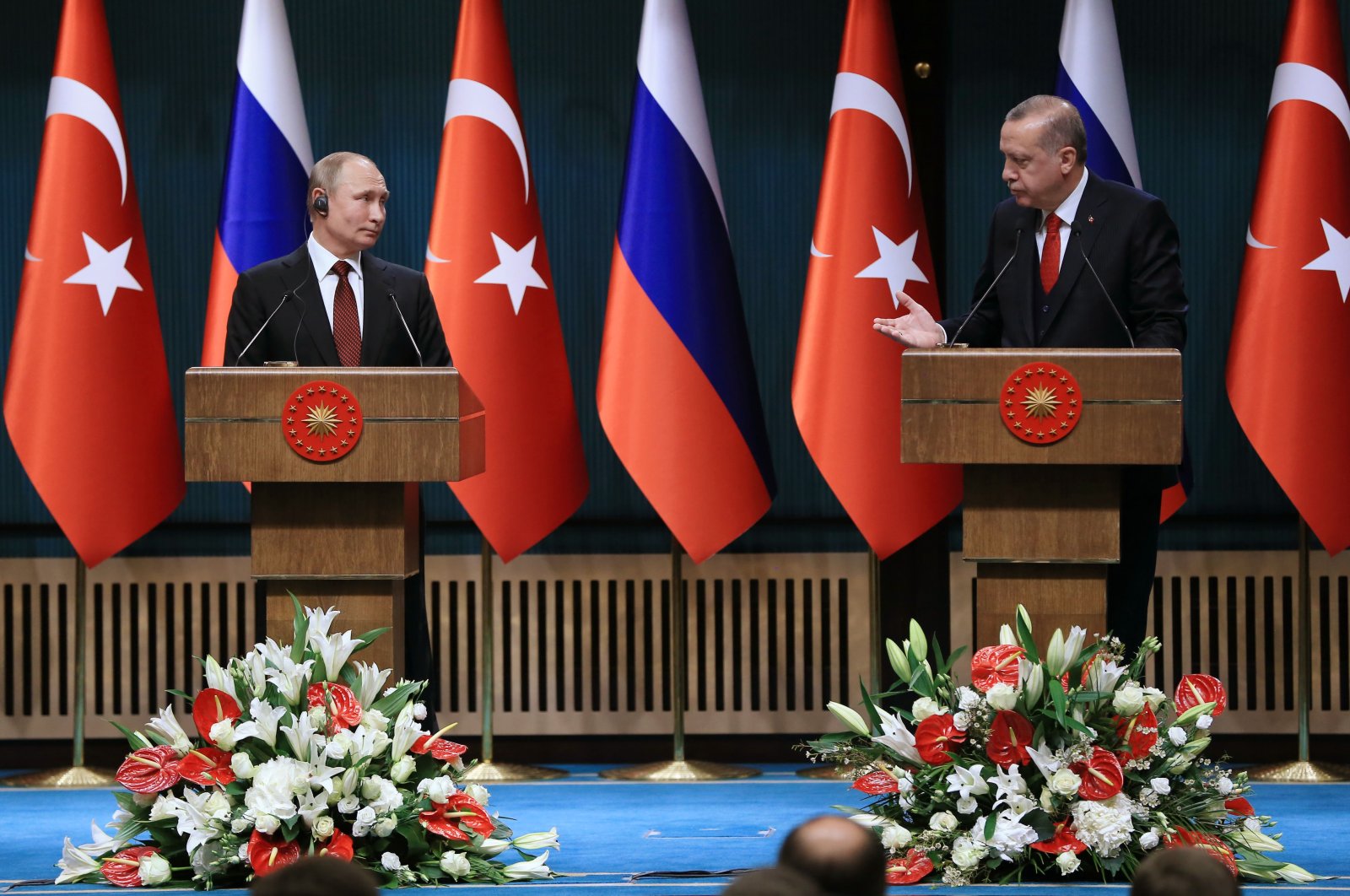 President Recep Tayyip Erdoğan speaks at a joint press conference with his Russian counterpart Vladimir Putin in the capital Ankara, Turkey, April 3, 2018. (Courtesy of the Turkish Presidency)