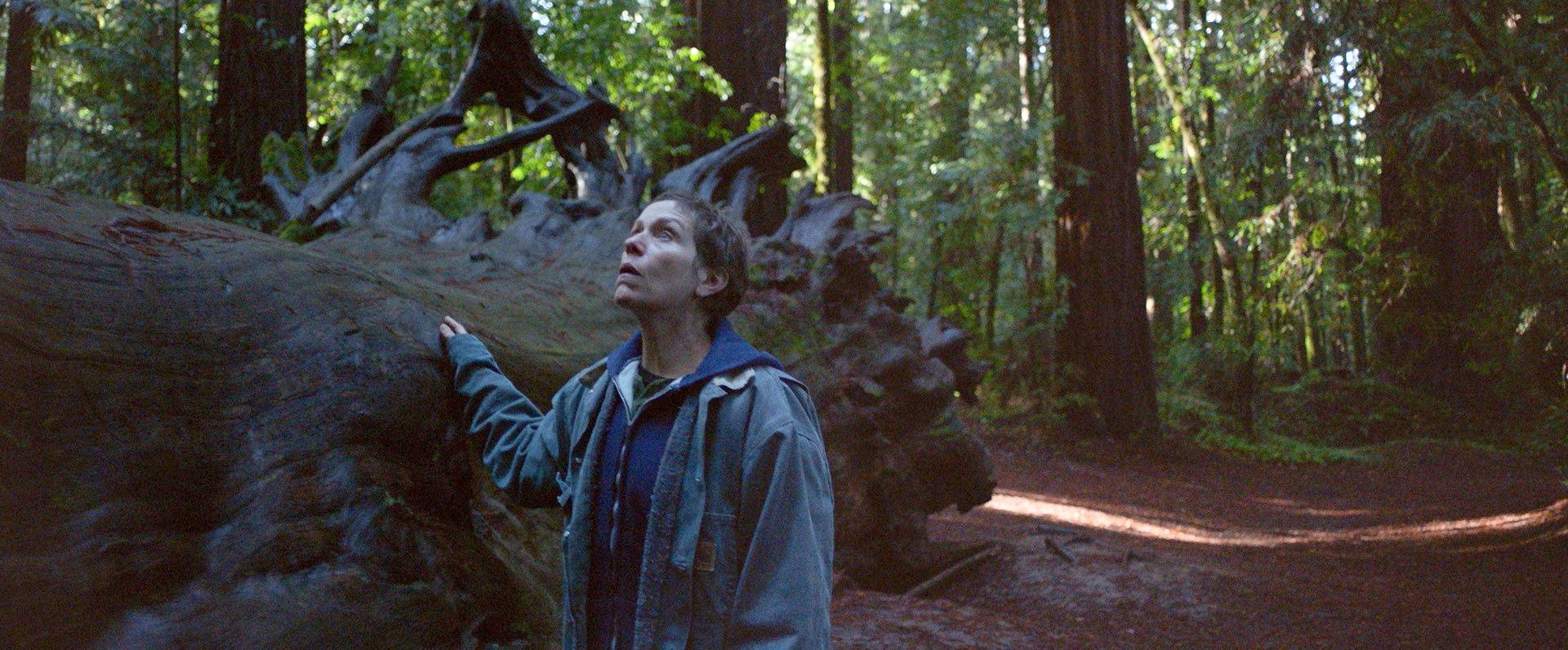 A still image from the film “Nomadland” shows Frances McDormand wandering in the forest. (Searchlight Pictures via AP)