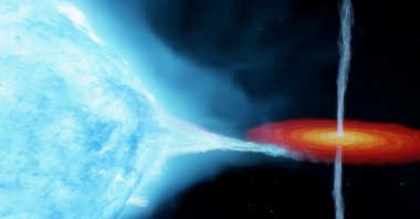 An artist's impression of the Cygnus X-1 system, with a so-called stellar-mass black hole orbiting a companion star some 7,200 light-years from Earth.  (International Centre for Radio Astronomy Research via Reuters)