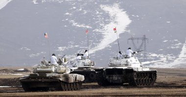 Turkish military vehicles drive during a military exercise for counterterrorism operations, Kars province, eastern Turkey, Feb. 12, 2021. (AA Photo)