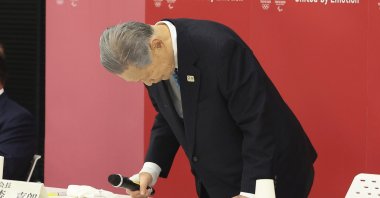 Tokyo 2020 Olympics organizing committee President Yoshiro Mori announces his resignation, in Tokyo, Japan, Feb. 12, 2021. (AP Photo)
